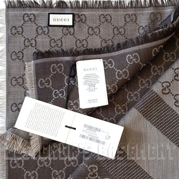 GUCCI brown & taupe GGWEB giant 55"- square wool & silk pashmina shawl scarf NWT - Picture 5 of 10